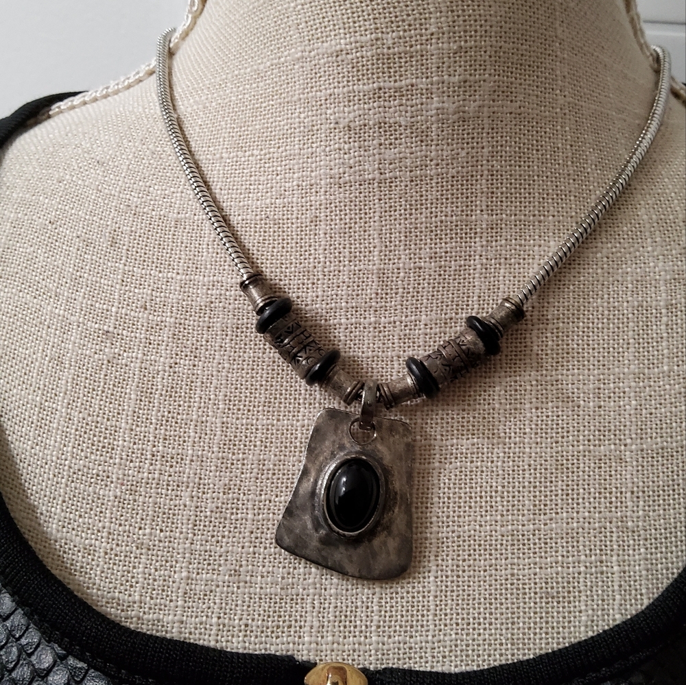 Chco's Silver Necklace with Black Cabochon Pendant